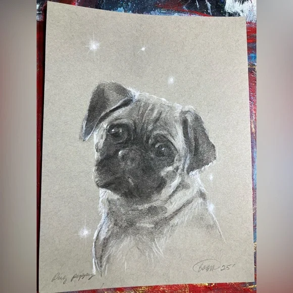Pug puppy dog original painting charcoal pastel art new artwork black Artettina - Picture 3 of 9